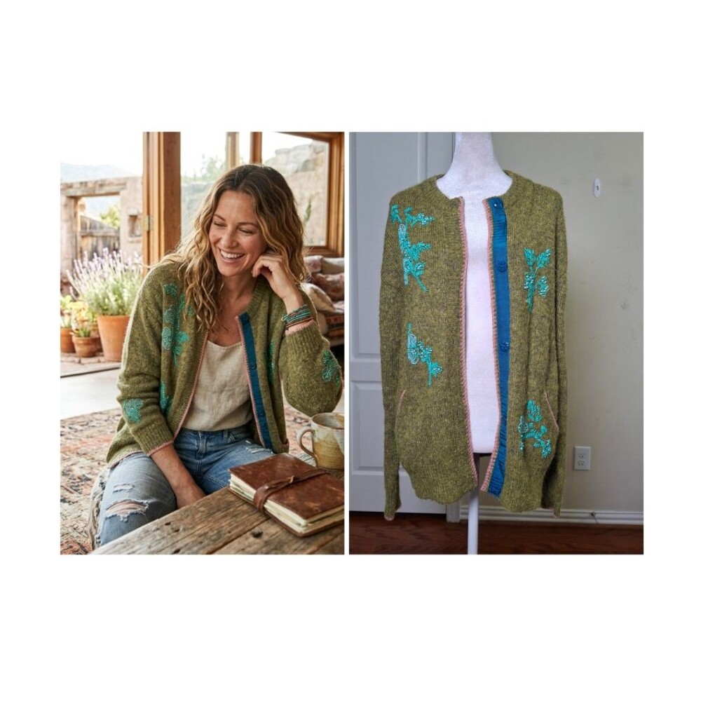 Sundance Seeley Cardigan Sweater Green Women S Beaded Floral Cottagecore Coastal